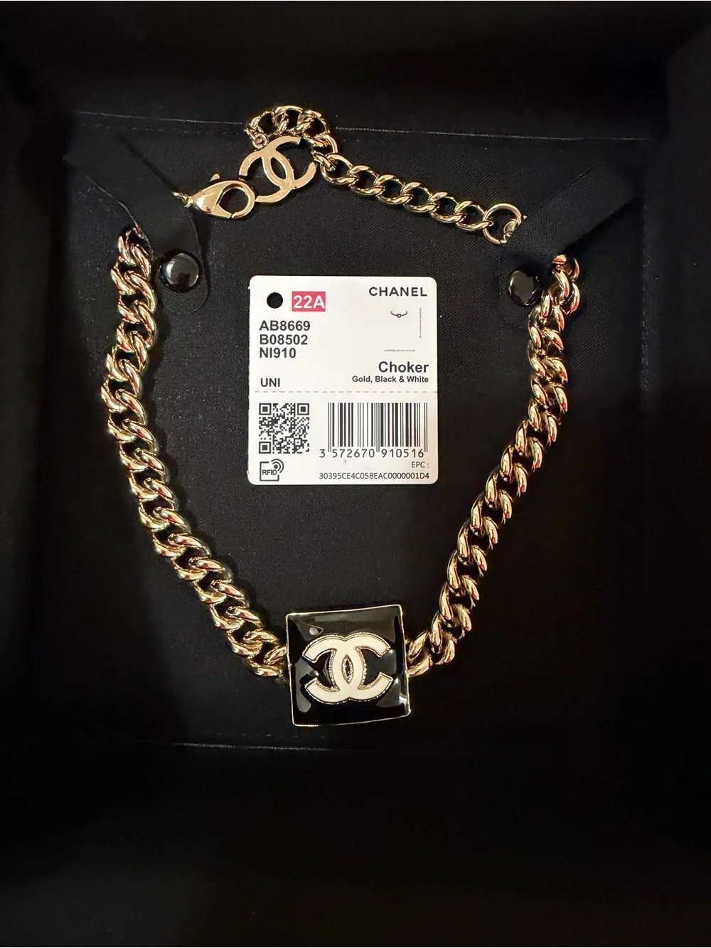 CHANEL Gold Chain Choker with Black Enamel CC Plaque
